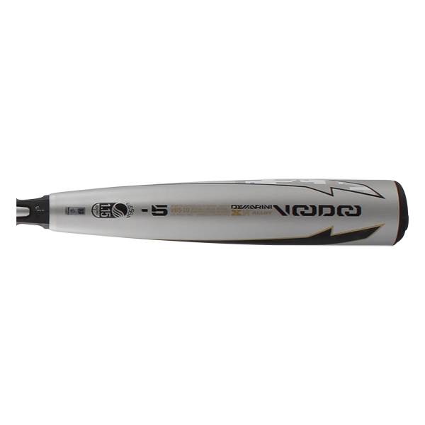 Side view of a silver baseball bat with black DeMarini Voodoo branding and a -5 USSSA stamp.