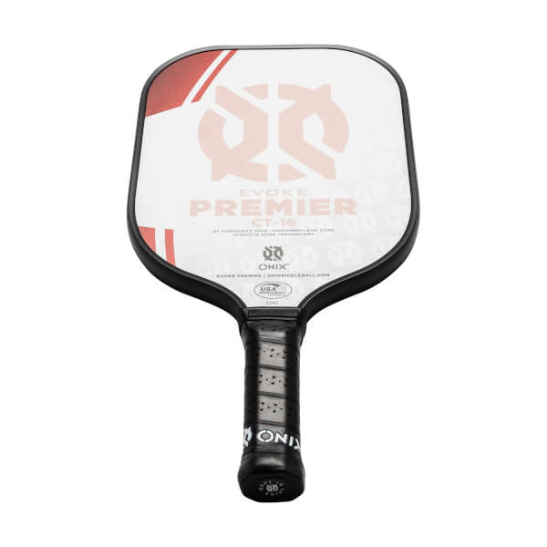 Front view of a white and red pickleball paddle with EVOKE PREMIER CT-16 text and a black grip.