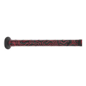 Side view of a black baseball bat with a red geometric grip pattern.