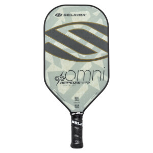 Front view of a light gray Selkirk pickleball paddle with a large black S graphic, OMNI text, and a black grip.