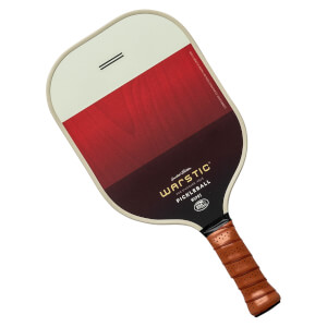 Top-down view of a cream and red Warstic pickleball paddle with a wood grain design and brown grip.