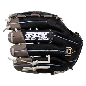 Side view of a black baseball glove with gray accents, white lacing, and TPX logo.