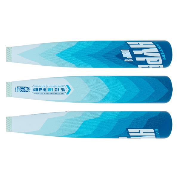 Top-down view of a blue baseball bat with a chevron pattern and EASTON HYPE FIRE DROP 8 text.