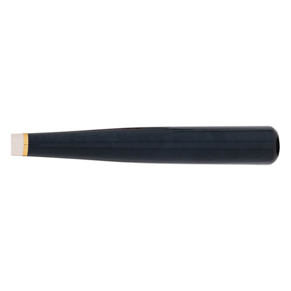Side view of a dark blue baseball bat with a white knob and gold accent ring.