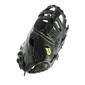 Side view of a black first base mitt with yellow Wilson branding and white stitching.