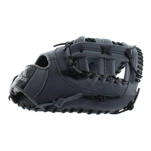 Side view of a gray baseball mitt with black lacing and Adidas branding.
