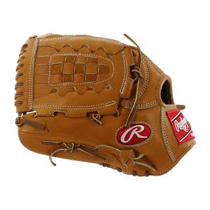 Side view of a tan baseball glove with a checkered web and red Rawlings logo.