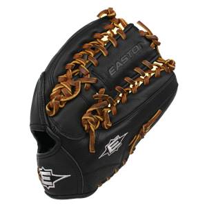 Top-down view of a black baseball glove with tan lacing and Easton branding.