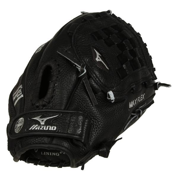 Front view of a black baseball glove with Mizuno branding and MAX FLEX text.