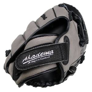 Corner view of a grey baseball glove with black trim and Akadema Professional branding.