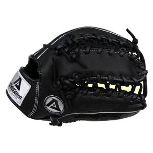 Side view of a black baseball glove with white stitching and Akadema logo.