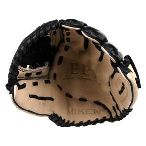 Interior view of a tan and black baseball glove with MIKEN and EP Elite Player branding.