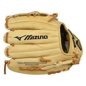 Front view of a tan baseball glove with black Mizuno branding and tan lacing.