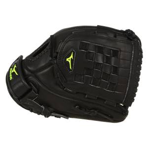 Side view of a black Mizuno MVP Prime Fastpitch Series glove with a woven pocket and yellow Mizuno logo.
