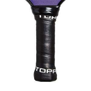 Close-up of a black pickleball paddle grip with white TOPP text and a purple top edge.