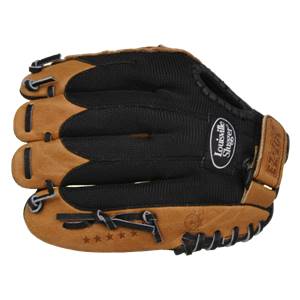 Top-down view of a brown and black youth baseball glove with Louisville Slugger branding and five stars.