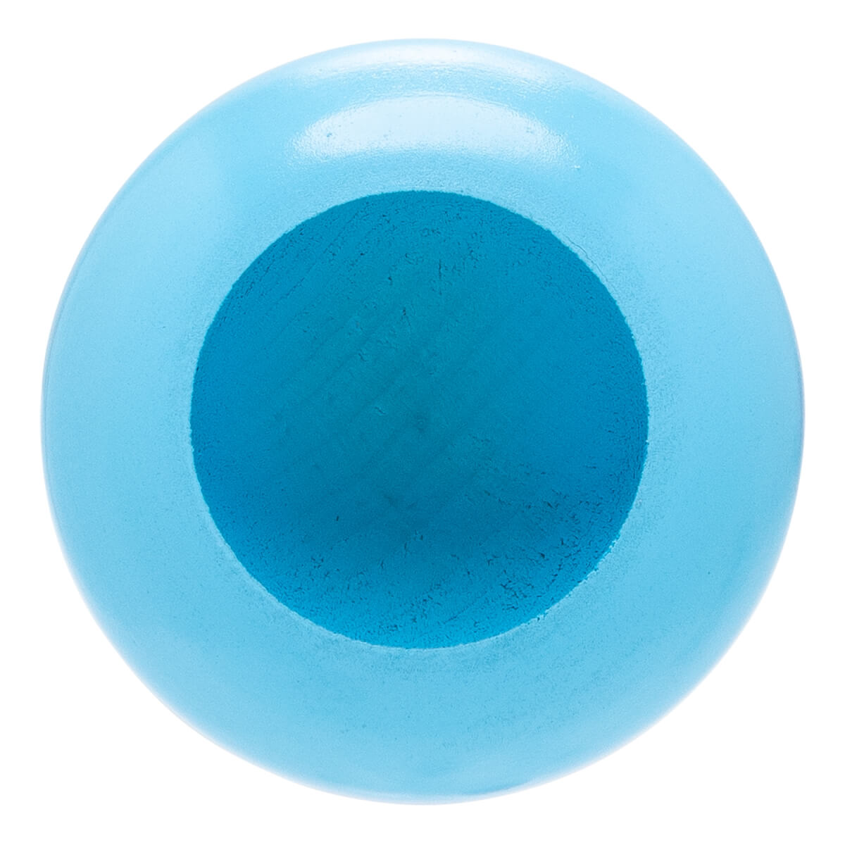 End view of a light blue baseball bat with a darker blue cupped barrel.