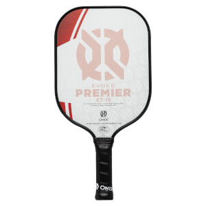 Front view of a white pickleball paddle with red accents, EVOKE PREMIER CT-16 text, and a large logo.