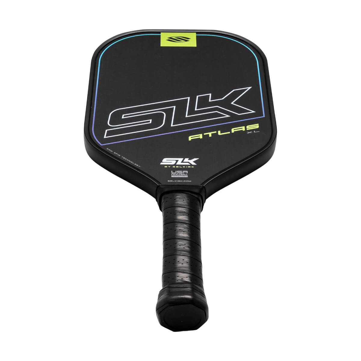 Front view of a black pickleball paddle with white SLK branding, yellow ATLAS XL text, and a black grip.