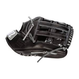 Side view of a black baseball glove with white stitching and C-MOD text.