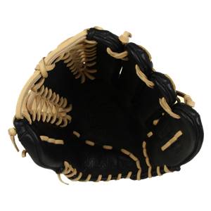 Top-down view of a black baseball glove with tan lacing and MIKEN text.