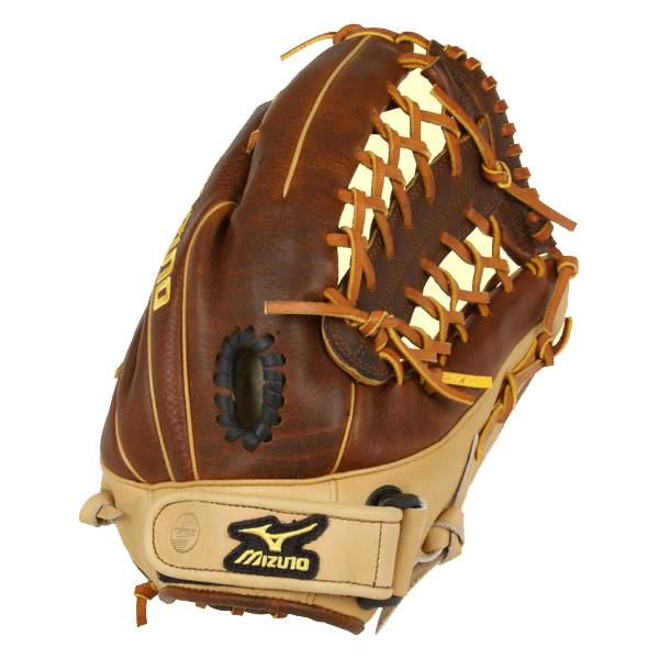 Side view of a brown and tan baseball glove with yellow lacing and Mizuno branding.