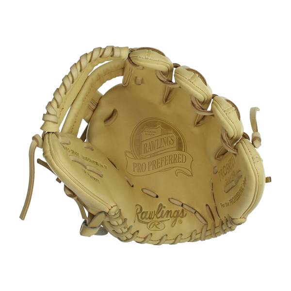 Interior view of a tan Rawlings Pro Preferred baseball glove with embossed Rawlings and Pro Preferred logos.