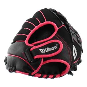 Close-up of a black fastpitch glove with pink stitching and the Wilson logo.