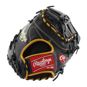 Top-down view of a black baseball mitt with yellow stitching and a red Rawlings logo patch.