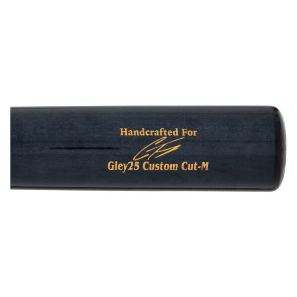Close-up of a dark blue baseball bat with gold text reading Handcrafted For Gley25 Custom Cut-M.