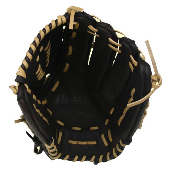 Top-down view of a black Mizuno World Win Series glove with tan lacing and World text.