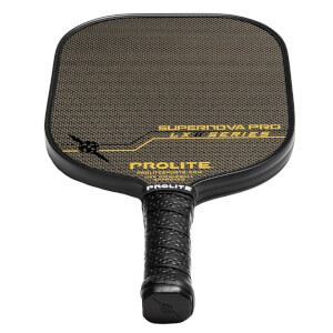Top-down view of a black pickleball paddle with a textured gold surface, PROLITE branding, and a black grip.