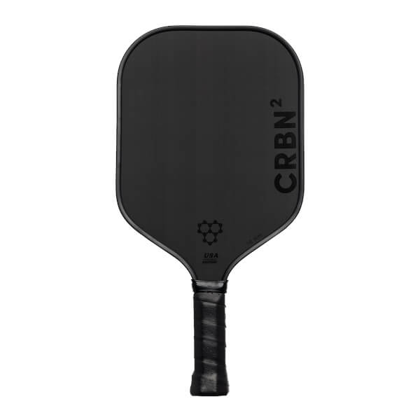 Front view of a black pickleball paddle with CRBN² branding and a textured grip.
