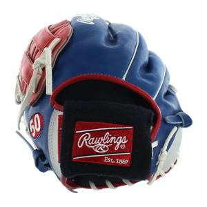 Top-down view of a blue baseball glove with red accents, a Rawlings logo, and the number 60.