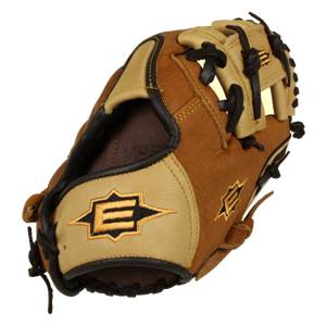 Top-down view of a brown baseball glove with tan accents and embroidered E logos.