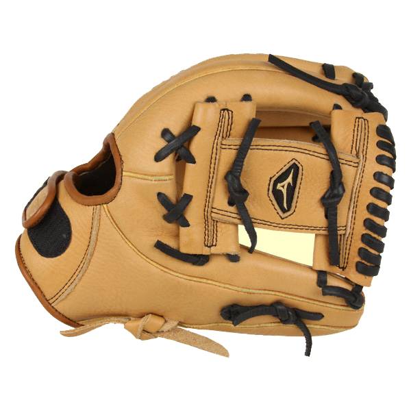 Side view of a tan fastpitch glove with black lacing and a Mizuno logo.