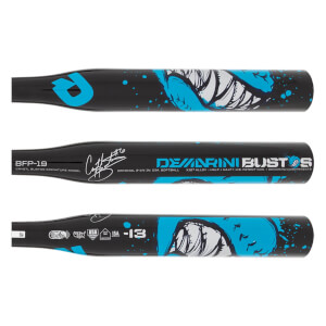 Side view of a black fastpitch softball bat with blue shark graphics, DeMarini Bustos text, and -13 marking.