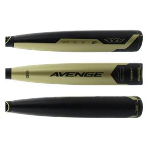 Side view of a gold and black baseball bat with AVENGE branding and Axe logo.