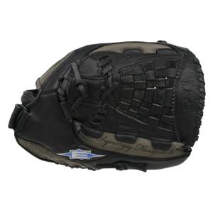 Side view of a black Easton Synergy Fastpitch Series glove with woven palm and Synergy Fastpitch text.