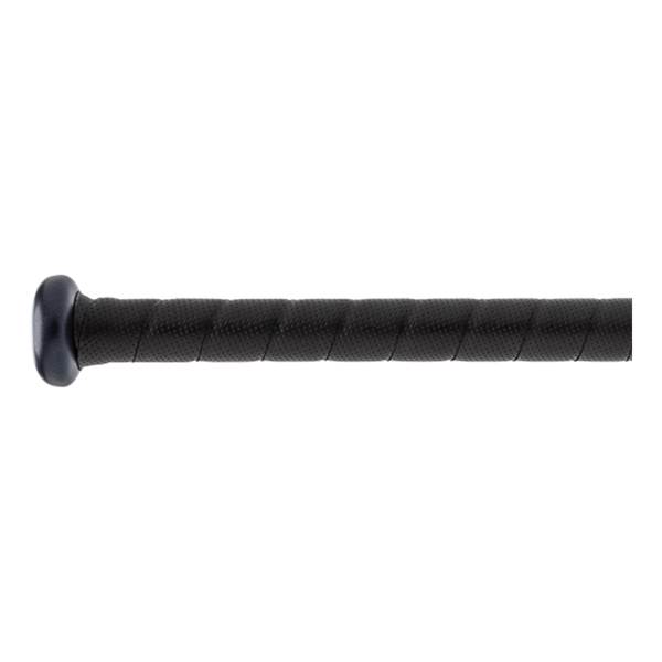 Side view of a black baseball bat with a textured grip and dark blue knob.