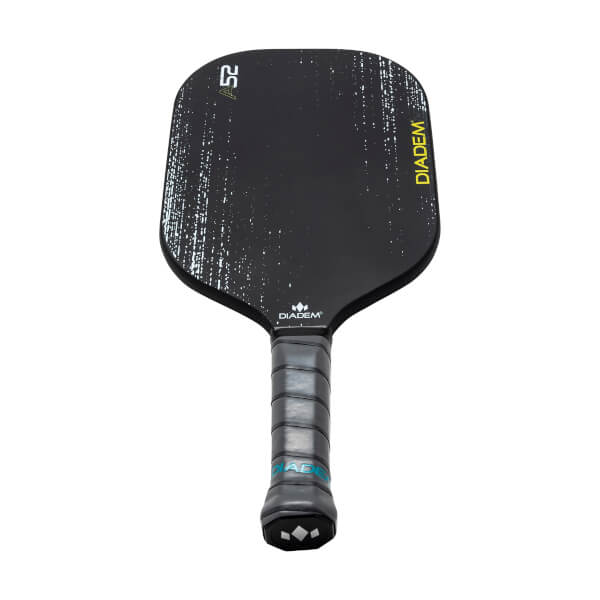 Front view of a black pickleball paddle with white speckle pattern, DIADEM text, and a ribbed grip.