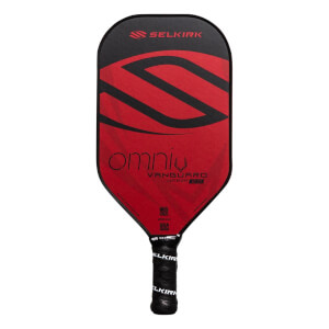 Front view of a red and black pickleball paddle with Omniu and Vanguard 2.0 text.