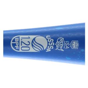 Close-up of a blue slow pitch softball bat with USSSA and ISA certifications.
