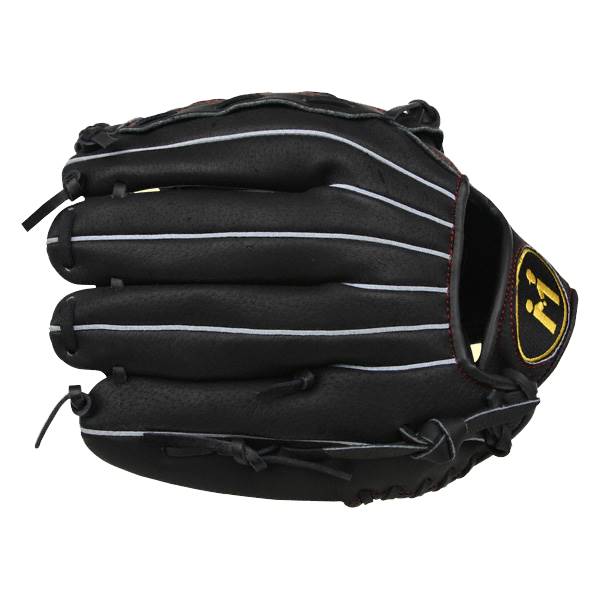 Side view of a black baseball glove with white stitching and a gold logo.