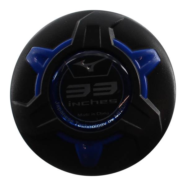 End view of a black baseball bat with blue accents, showing 33 inches and Mizuno logo.
