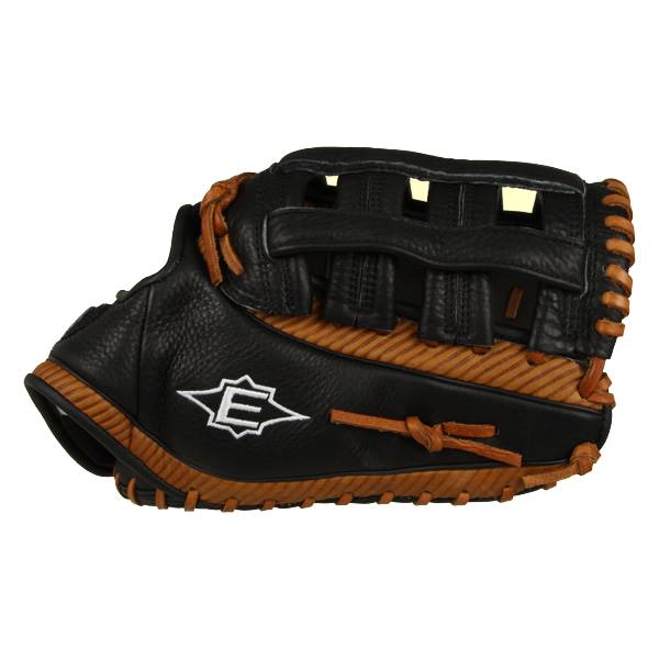 Side view of a black and tan first base mitt with white Easton logo and tan lacing.