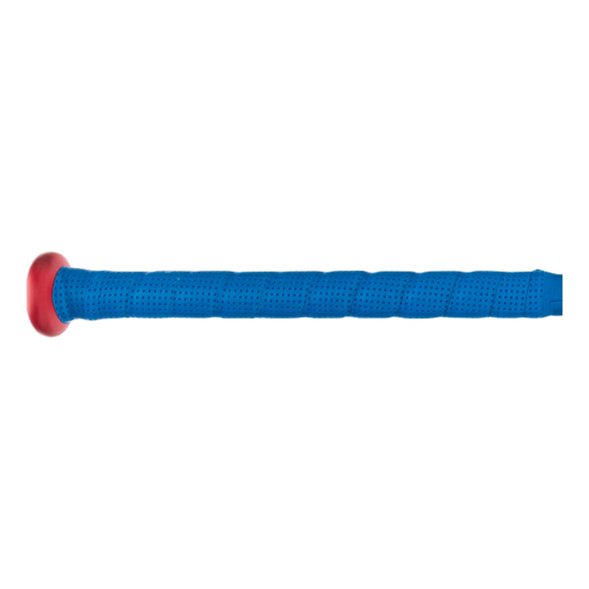 Close-up view of the bat handle featuring blue perforated grip tape and a solid red knob.