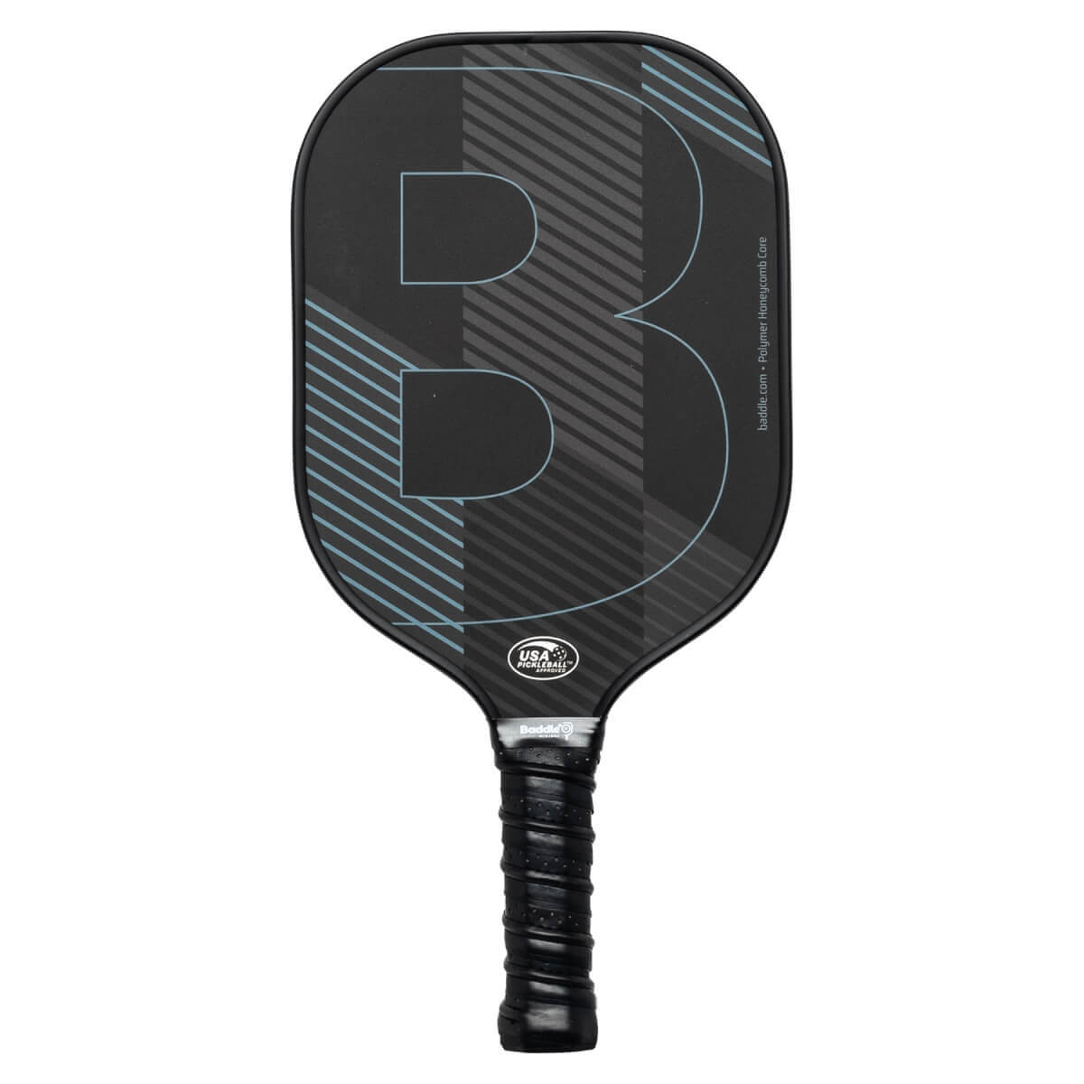 Front view of a black pickleball paddle with a large blue B graphic and USA Pickleball logo.