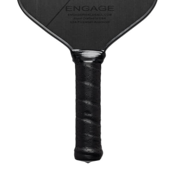 Top-down view of a black pickleball paddle with ENGAGE branding and a perforated grip.