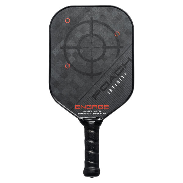 Front view of a black pickleball paddle with a target design, POACH INFINITY text, and Engage branding.
